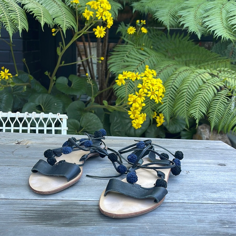 Loeffler Randall Leather Pom-Pom Embellishments Sandals